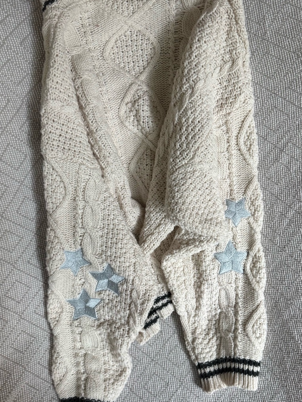 Taylor Swift Cream Cable Knit Cardigan with Black Trim and Silver Star Patches - Picture 5 of 5